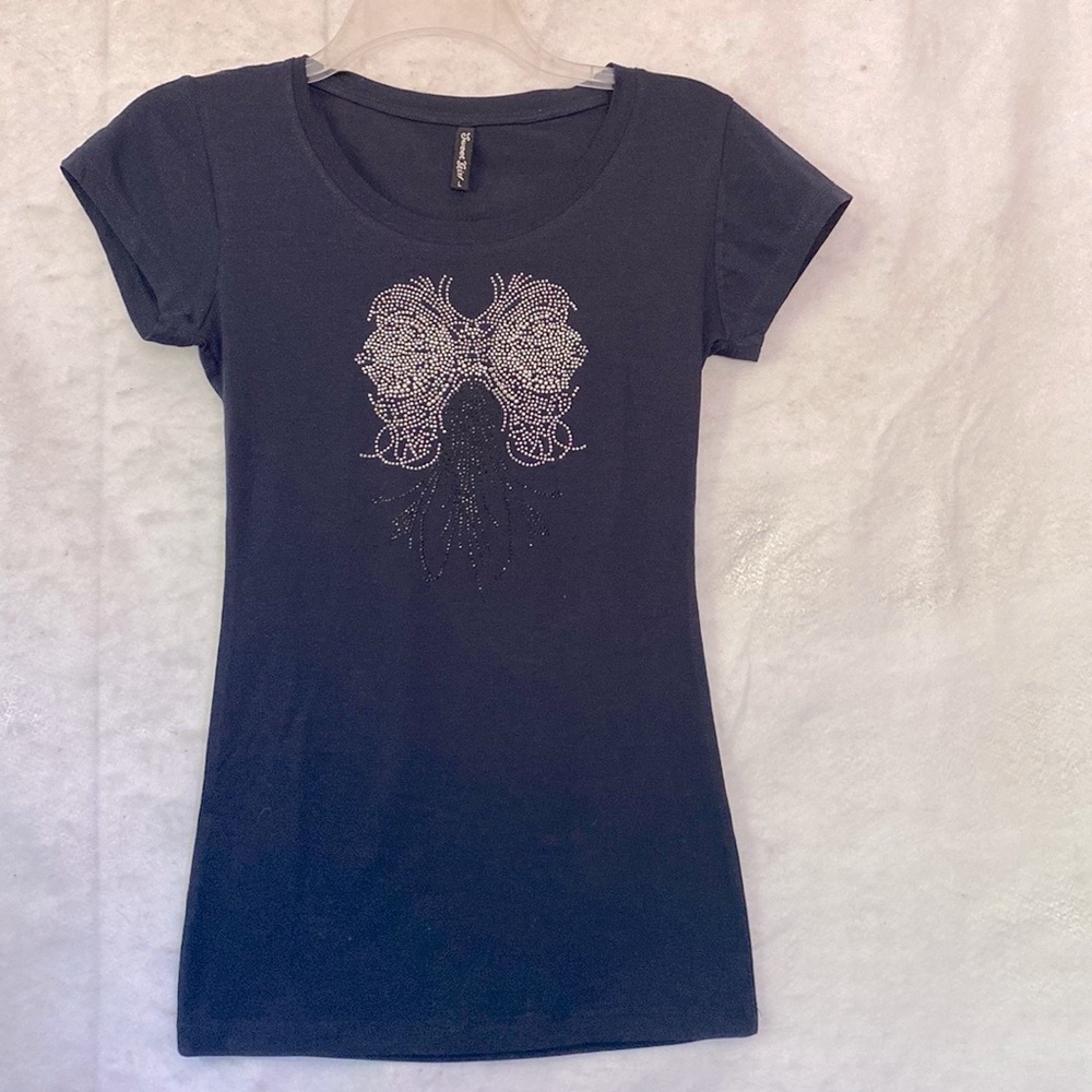 Navy Blue Rhinestone Butterfly Embellished Tee